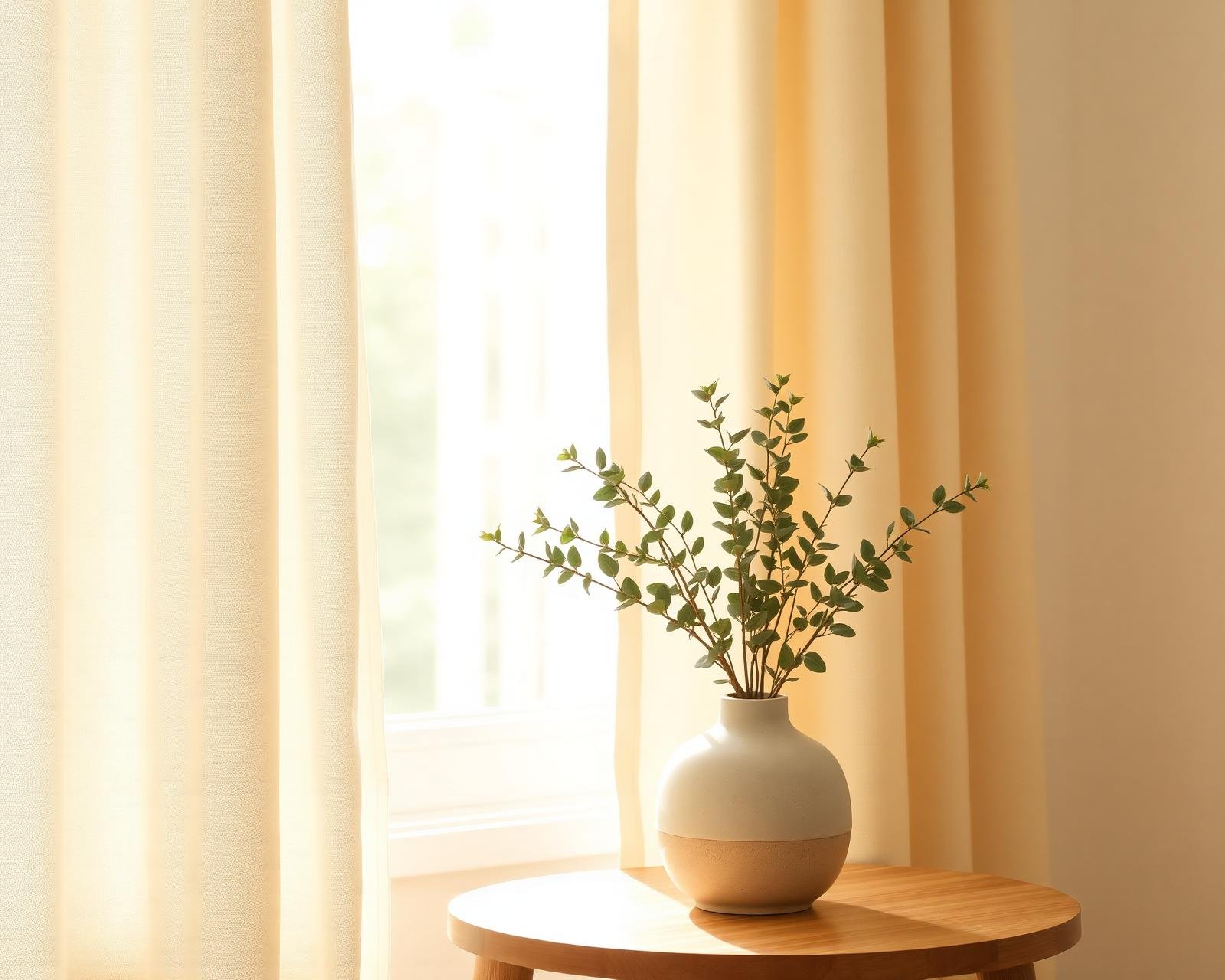 Soft natural light through linen curtains beside a vase of sage leaves